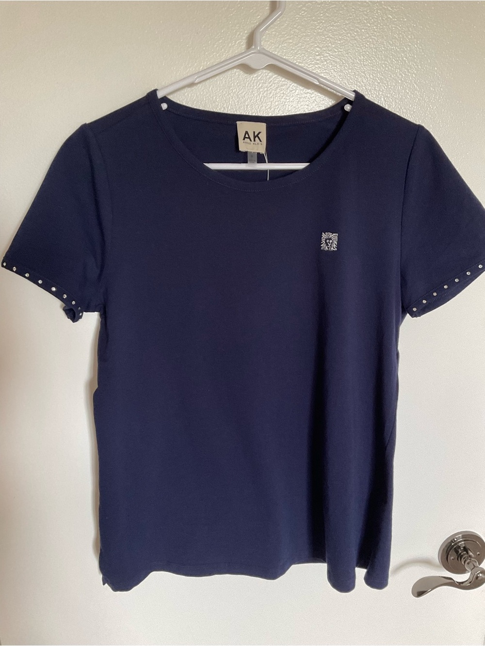 NWT Anne Klein Navy Short-Sleeve Crewneck Tee with Stud Trim